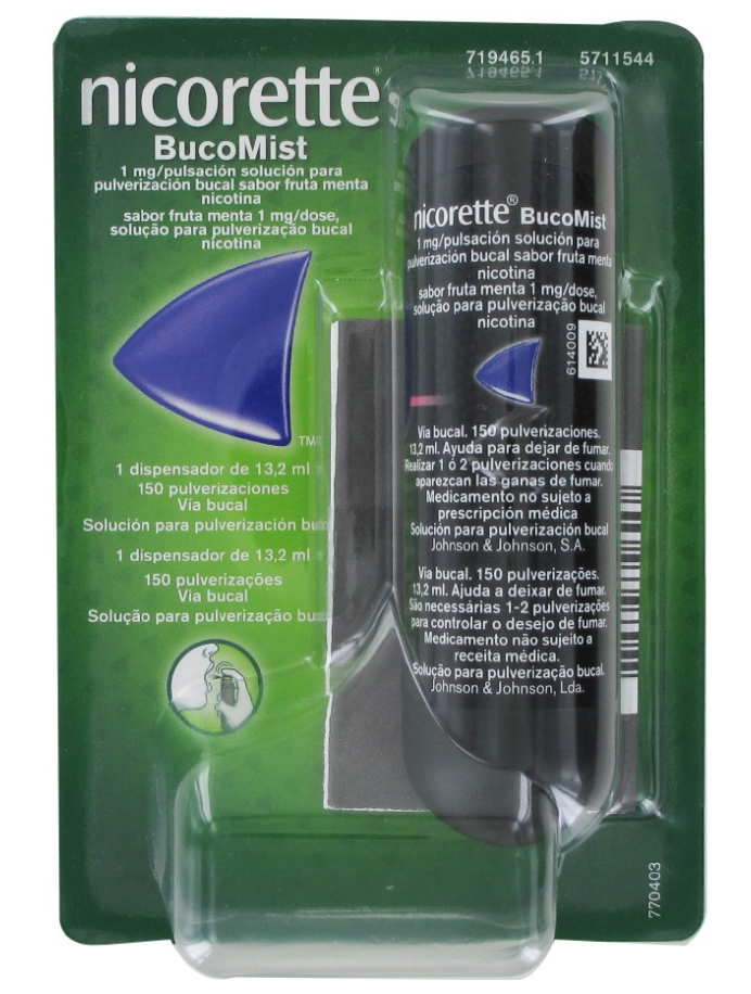 NICORETTE BUCOMIST 1 mg/PULSACION SOLUCION PARA PULVERIZACION BUCAL 1 ENVASE 13,2 ml (150 DOSIS) (SA